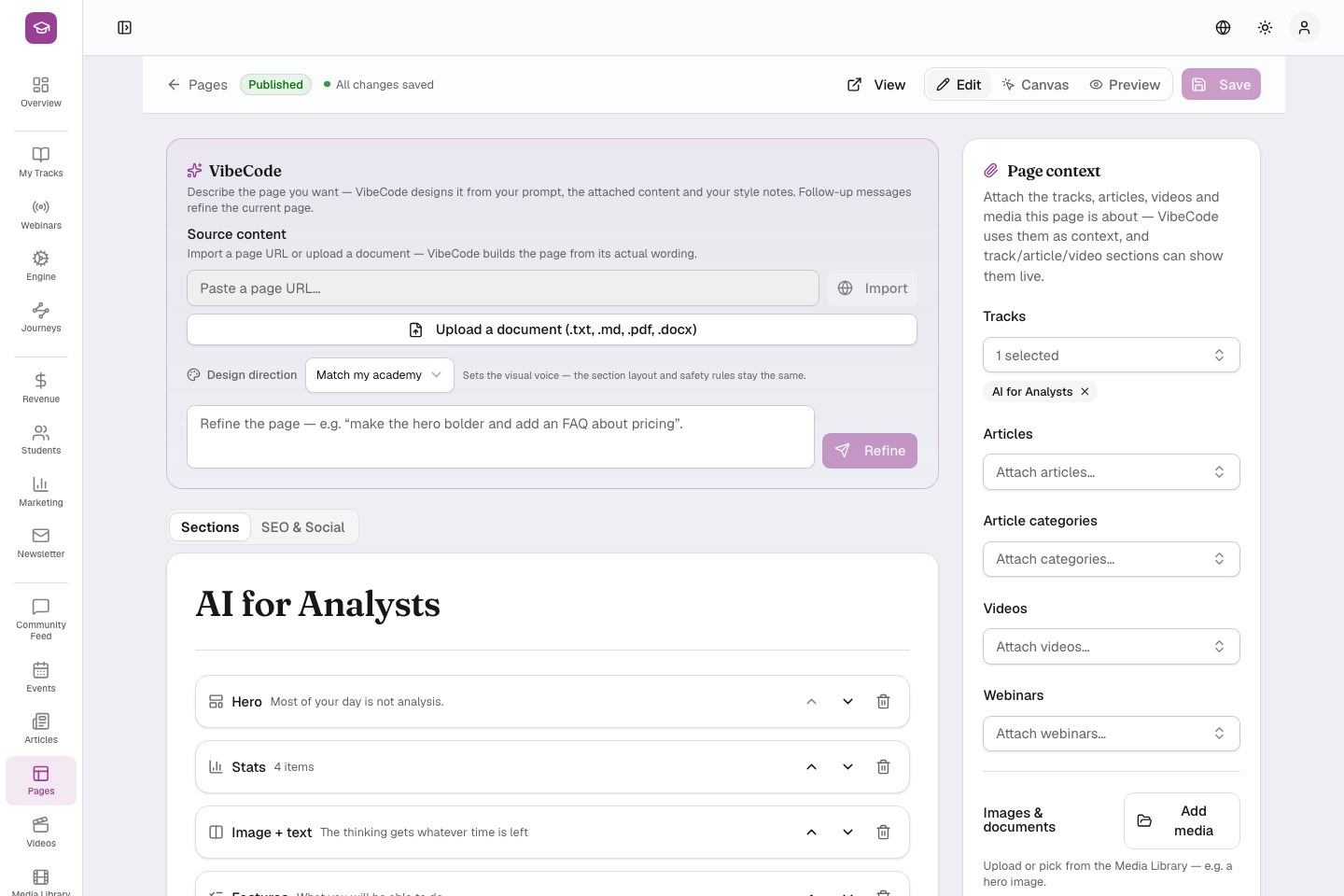 The VibeCode page editor: chat on one side, structured sections on the other