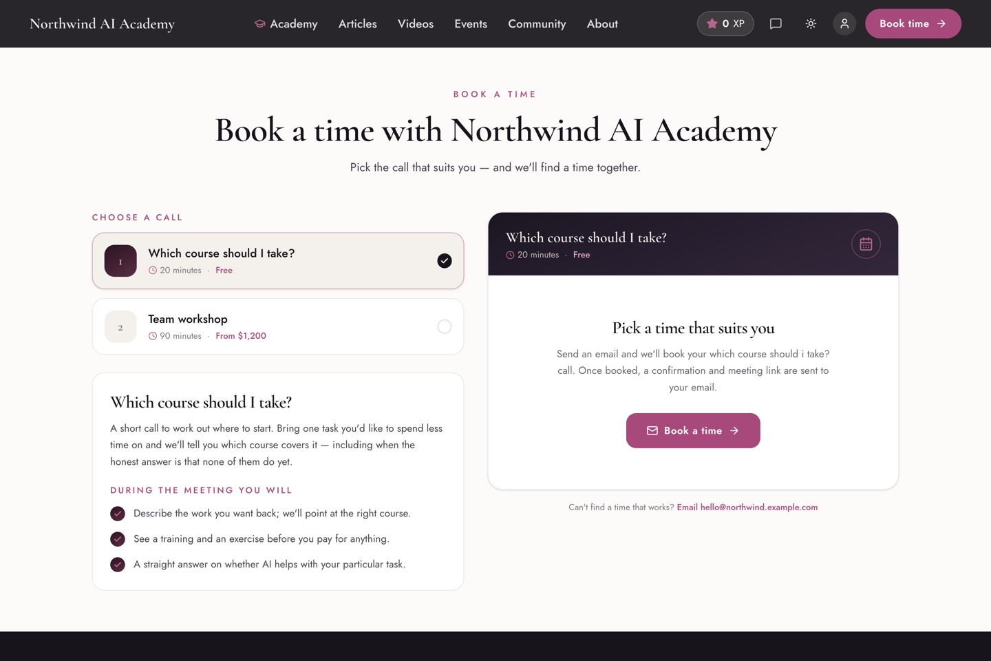 The public booking page with session types and a booking panel