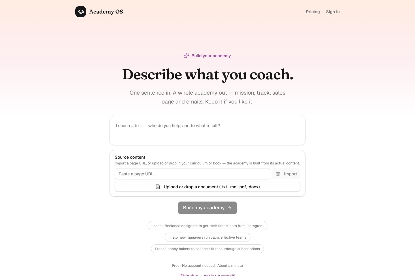 The /start flow: describe your coaching and the academy gets generated