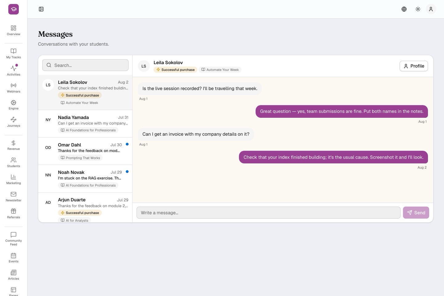 The coach inbox: conversation list beside an open student thread
